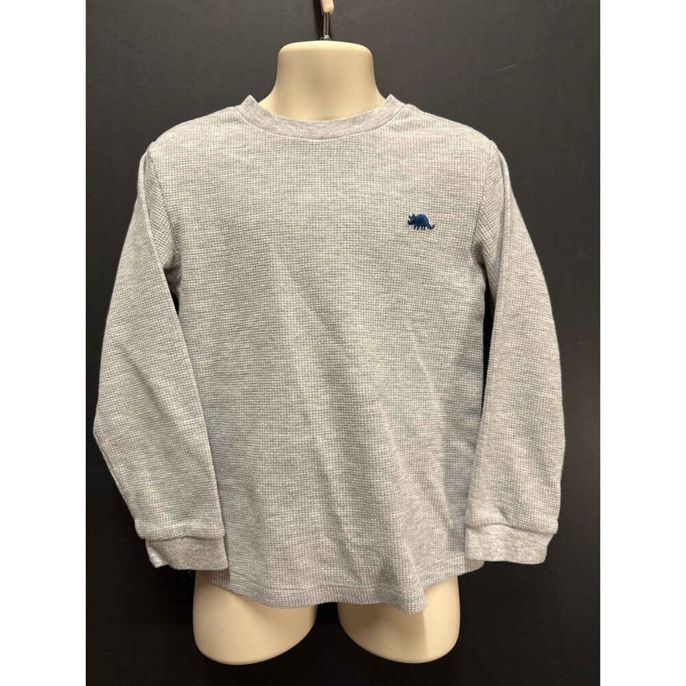 Little Me 4T Gray Waffle Knit Long Sleeve Shirt Dinosaur Embroidered